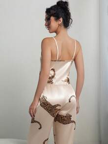 2pcs Leopard Print Comfortable V-Neck Camisole & Pants Pajama Set - Champagne - View 3