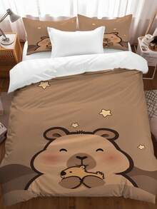 3件套水豚卡通图案床上用品套装（1个被套+2个枕套，不含被芯），适用于酒店、卧室、客房和宿舍装饰，四季皆宜。 - 彩色 - 查看 9