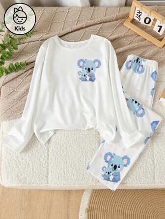 Conjunto de pijama de 2 piezas para niñas adolescentes: Camiseta de manga larga con estampado de koala casual lindo + Pantalón largo, Outfit para el hogar en otoño
