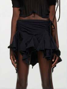 Women Gothic Punk Irregular Skirts Mini Skirt Flowy Stretchy Hem Y2k Lingerie Skirt With Drawstring Ruched Ruffles Bow Tie-Up Beach Short Skirt Summer Short Skirts Teen Girls Halloween Skirts Streetwear - 黑色 - 查看 2
