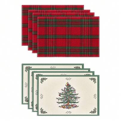 Farmhouse Christmas Plaid Dining Table And Kitchen Decor, Holiday Placemats Set - Red And Green, 2/4/6/8 Piece Set, Linen Placemats, Breakfast Placemats, Kitchen Accessories, Easy Clean Placemats, Suitable For Home, Dining Room, Restaurant Decor
