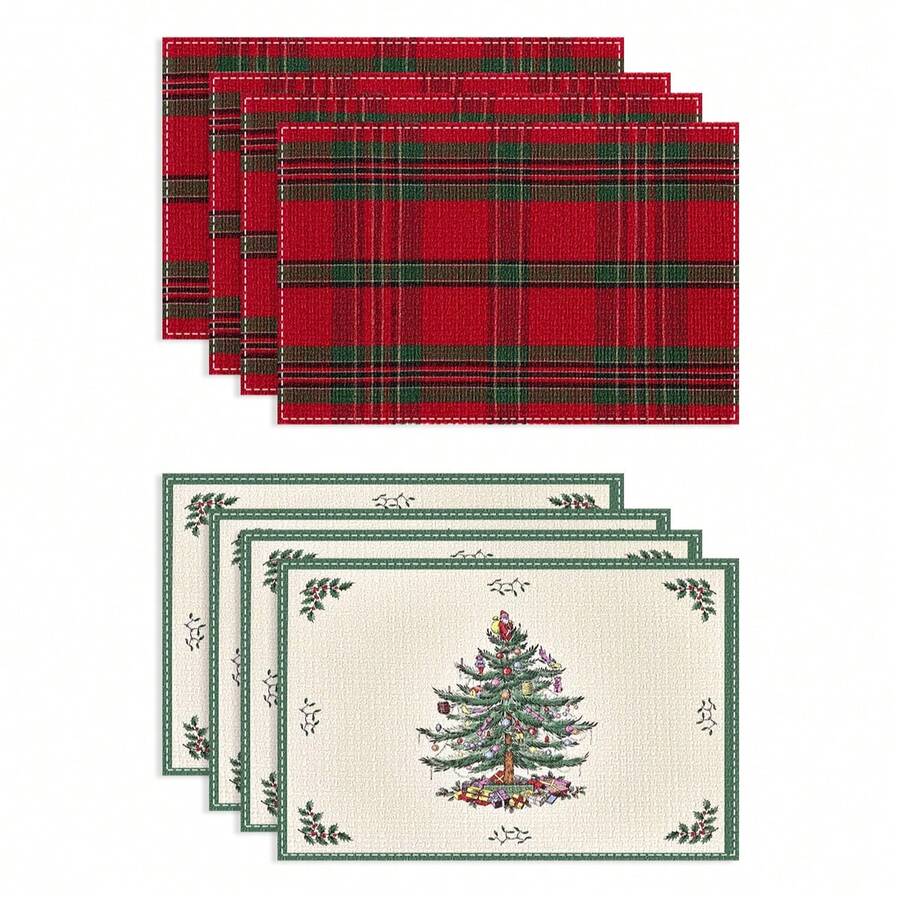 Farmhouse Christmas Plaid Dining Table And Kitchen Decor, Holiday Placemats Set - Red And Green, 2/4/6/8 Piece Set, Linen Placemats, Breakfast Placemats, Kitchen Accessories, Easy Clean Placemats, Suitable For Home, Dining Room, Restaurant Decor