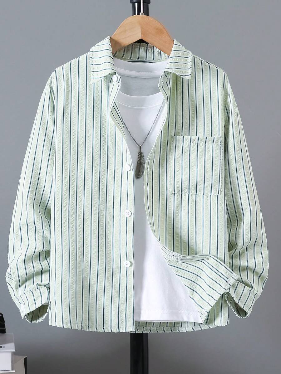 Boys' Casual Striped Shirt, Versatile New Design - Mint Green - View 1