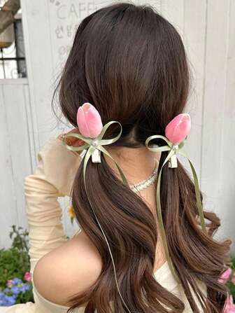 1 件女士粉色可爱郁金香花朵发夹，适合派对、度假和日常使用，爪夹、发夹、发夹、发夹、发夹、鳄鱼发夹、花朵发饰