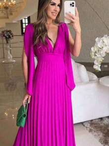 Long Pleated V-Neck Dress - Bridesmaid Dress - 玫瑰紅 - 查看 1