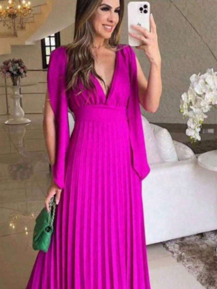 Long Pleated V-Neck Dress - Bridesmaid Dress - 玫瑰紅 - 查看 1