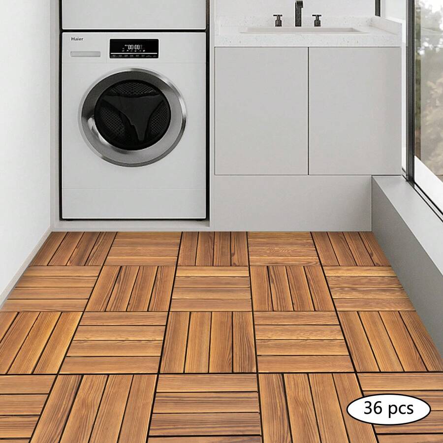 Suelo de madera sellable, 36 baldosas para suelo exterior, suelo de madera de fácil instalación, suelo de 30,3 x 30,3 x 2,3 cm para patio, balcón, jardín - Marrón - Ver 1