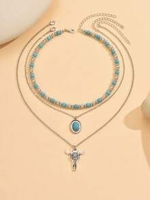 3pcs/Set Western Country Retro Style Necklace Set, Vintage Turquoise Bull Head Pendant Necklaces, Suitable For Daily Wear, Party, Holiday And Travel - Multicolor - View 2
