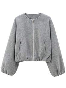 Áo khoác bomber nữ có khóa kéo, áo khoác phi công ngắn cho mùa thu/đông, màu đen, be, xám, tay dài, áo khoác bóng chày giả da lộn. - Xám - Xem 4
