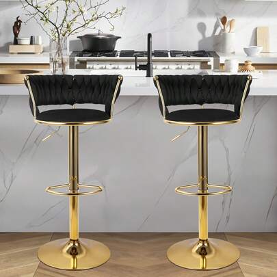Nalupatio Set Of 2 Luxurious Bar Stools With Velvet Upholstery, Backrest & Footrest – Height Adjustable & Swivel, With Gold Metal Base