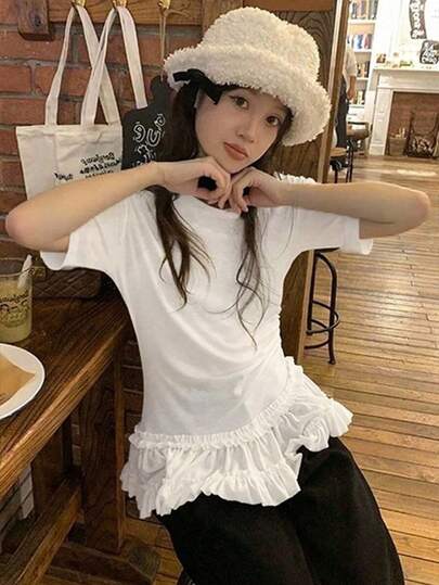 Áo thun ren trắng tay ngắn cho nữ, thiết kế mới nhất 2025, trang phục thường ngày cho mùa hè