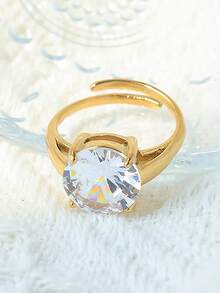 1pc Luxury Sparkling Stainless Steel Gold Plated Ring, Featuring Geometric Faux Diamond Encrusted Prong Setting Details, Suitable For Women's Formal Occasions Like Gala, Wedding