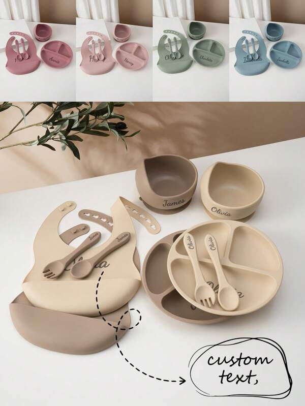 5PCS Personalized Customization Name Silicone Baby Tableware Set Color Contrast Bowl Waterproof Bib Non-Slip Plate Soft Spoon Fork Custom Baby Dinner Set Back To School Winter Gift Ideas Boy Girl Valentine's Day,Multi-Functional,Ornamental,Letter,Stylish,Baby Fashion,Colorful,Casual,Cute,Kawaii,Adorable,Unique,Customized,Baby Gifts,Cutebaby,Family,Friends,Daughter,Son,Her,For Children's Day,Spring Break, Son, Daughter