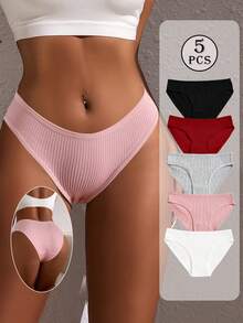 5pcs Pack Women's Ribbed Panties, High Elasticity Solid Color Letter Design Low Waist Briefs - Multicolor - View 4