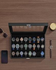 SONGMICS Watch Box, Lockable Watch Case, Watch Storage Box With 24 Slots, Glass Lid, Gift For Loved Ones, Ink Black Synthetic Leather Back To School Dormitory Storage - Black - View 2