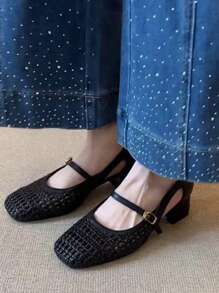 2025 New French Retro Leather Square Toe Woven Hollow Mary Jane Shoes, Mid Heel Strap Flats, Chinese Style Strap Flats For Women