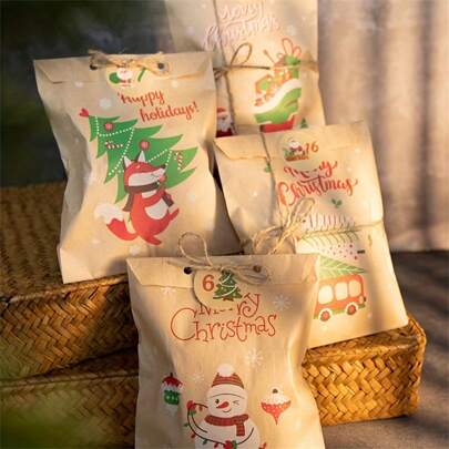 24/48pcs Retro Christmas Kraft Paper Bags With Stickers Santa Claus Snowman Fox Xmas Party Favor Bag Gift Pouch Holiday Present Wrapping Supplies Christmas Gift Paper Bag
