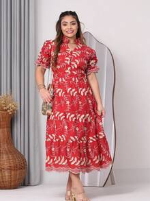 Women's Midi Dress With Embroidered Laise, All-Over Print, Embroidery, Button, Ruffle, Gathered, Formal And Evening - 3d Bicolor Wine - View 1