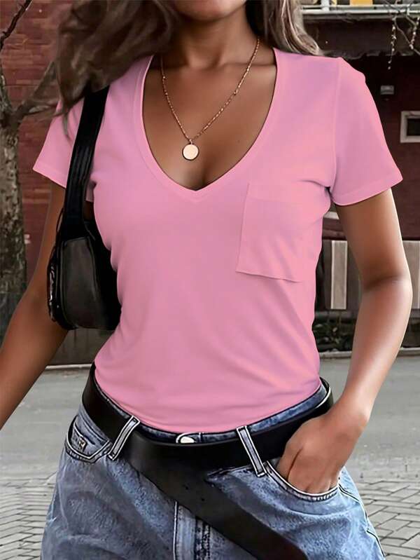 Women's Solid Color V-Neck T-Shirt, Solid Color Short Sleeve V-Neck, Fashionable For Summer