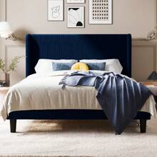 Allewie Full/Queen/King Size Bed Frame With Upholstered Wingback Headboard, Vertical Channel Tufted Corduroy Velvet Platform Bed, Strong Wooden Slats Support, No Box Spring Needed, Easy Assembly, Blue