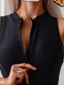 Women's One Piece Rash Guard Swimsuit Sleeveless Half Zipper Surfing Swimwear - Black - View 5