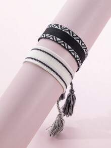 2 件时尚简约编织友谊手链 - 黑與白 - 查看 2