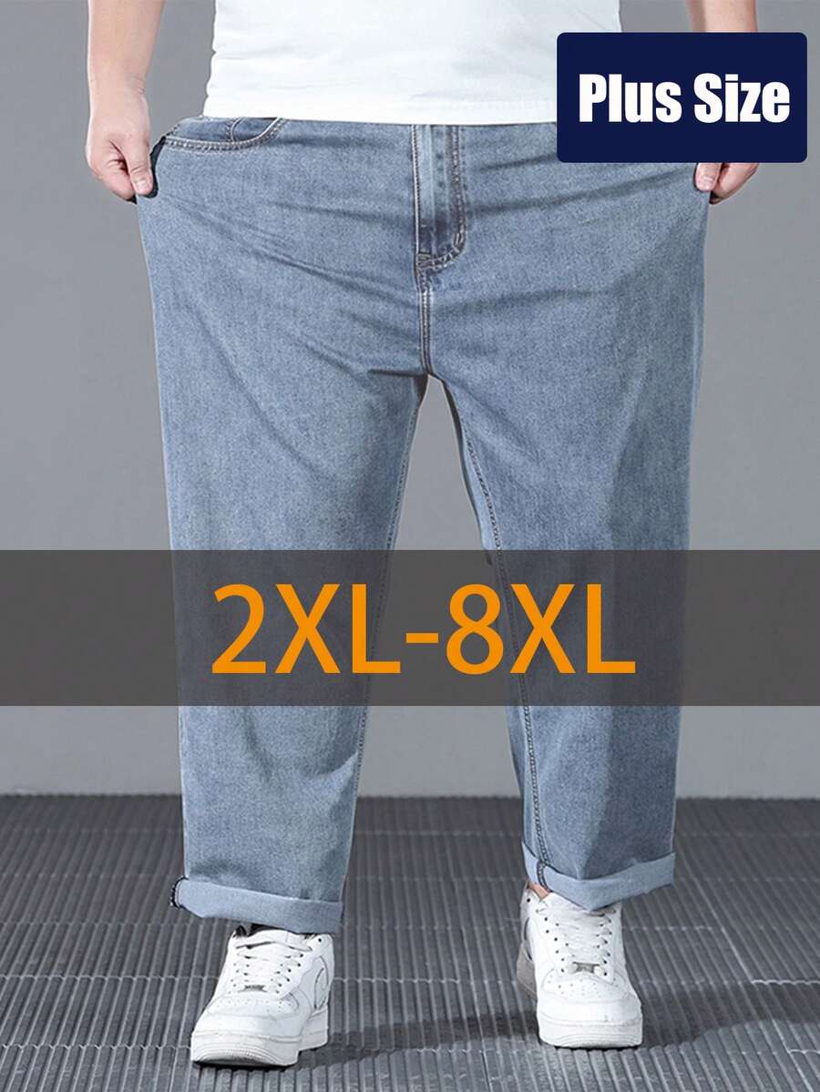 Men's Plus Size Jeans With Beard Details, Basic Style, Slightly Elastic, Slim Fit, Blue, Casual And Simple, Suitable For Daily Wear, Men's Jeans, Men's Pants, Men's Blue Pants, Plus Size - Màu xanh nhạt - Xem 1