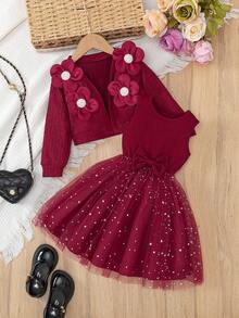 Conjunto de 2 piezas de chaqueta con textura de gofre con estampado floral y vestido con forro de malla con empalme de lazo acanalado para niña, uso casual, al aire libre, deportivo, primavera/otoño - Rojo - Ver 2