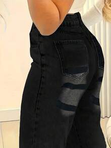 Women's Casual Straight Leg Jeans, Paired With Striped Decorations, Suitable For All Seasons, Suitable For Daily Outings, Back To School Season, Back To School Season, Rural Concerts - 黑色 - 查看 4