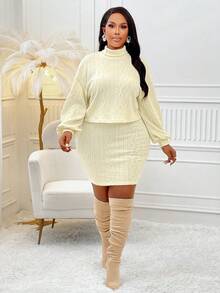 BIUBIU Plus Size Women's High Neck Off-Shoulder T-Shirt And Knit Skirt Set, Suitable For Daily Wear And Office - Light Apricot - View 2