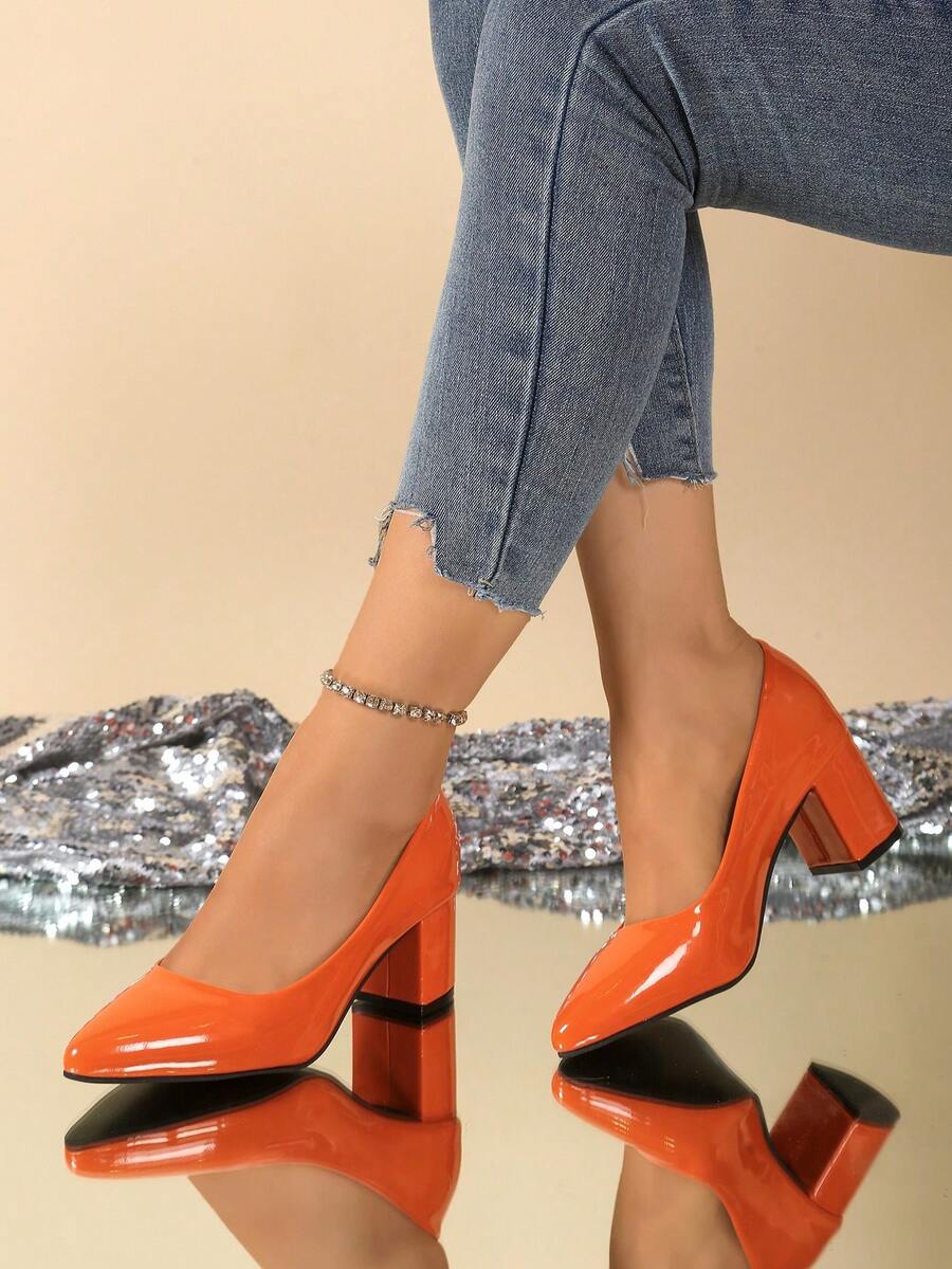 尖头女式浅口鞋，粗跟高跟鞋，简约浅口工作鞋 - 橘色 - 查看 1