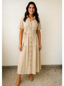 Linen Midi Dress With Lining, Buttons And Structured Collar - 米色 - 查看 1