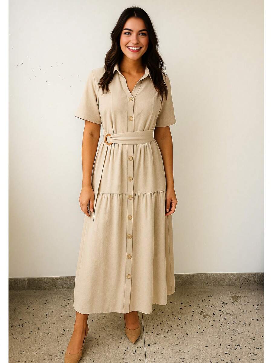 Linen Midi Dress With Lining, Buttons And Structured Collar - 米色 - 查看 1