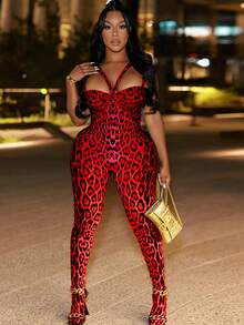 夏季新款豹纹时尚修身紧身连体裤无袖修身吊带长款连体裤优雅 - 紅 - 查看 3