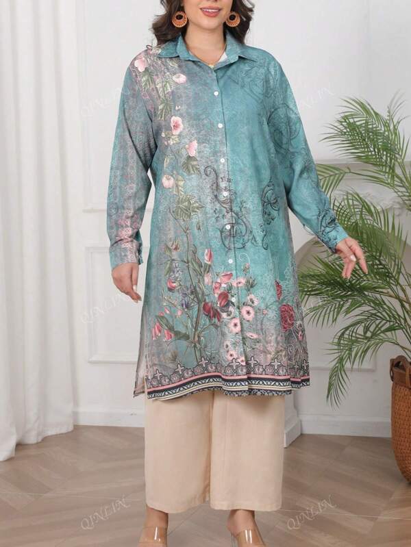 Plus Size Women's Vintage Floral Print Long Sleeve Shirt Dress