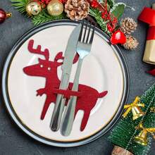 10 piezas Manteles individuales de reno navideños, bolsas portacubiertos de fieltro, bolsillos para cuchillo y tenedor, decoración de mesa navideña, decoraciones navideñas