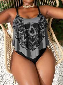 Slaydiva 加大码夏季海滩骷髅印花不对称下摆细肩带上衣和褶皱下装比基尼套装，非常适合泳池派对 - 彩色 - 查看 3