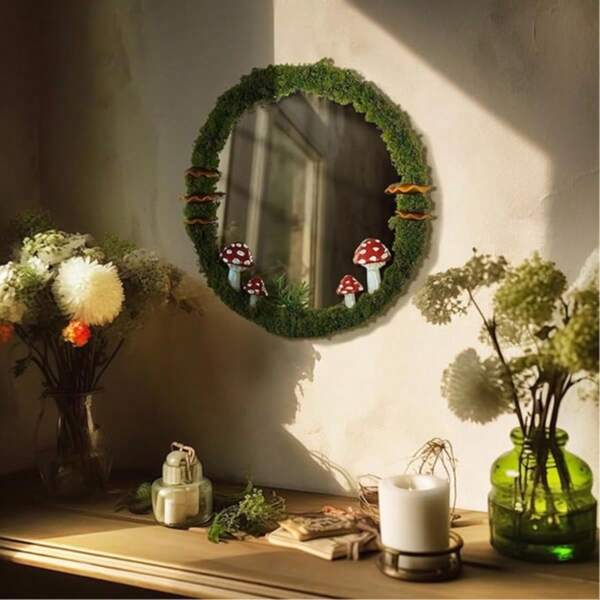 Handcrafted Mushroom Micro-View Mirror | 11-Inch 3D Botanical Art: Mirror And Forest Elements In Symbiosis. Each Pattern Is Unique. | A 'little Forest Corner' For Your Living Room Or Bedroom: A Thoughtful And Artistic Gift.
