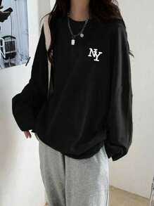 Women's Loose Fit Cotton Letter Print Graphic Round Neck Casual Long Sleeve T-Shirt, Versatile For Spring & Autumn