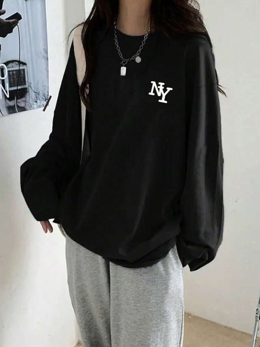 Women's Loose Fit Cotton Letter Print Graphic Round Neck Casual Long Sleeve T-Shirt, Versatile For Spring & Autumn