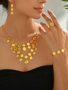1 Set Ancient Coin Necklace, Earrings, Bracelet, Ring Vintage Element Jewelry Set, Ideal For Weddings, Parties, Festivals - Yellow Gold - View 9