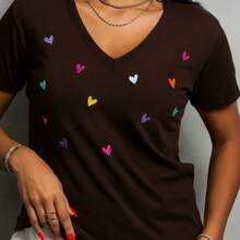 SILK ROUTE Women's T-Shirt Blouse Basic V-Neck Cotton Heart Print T-Shirt In Various Colors - 鏽棕色 - 查看 3