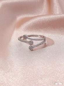 1pc 3-Flower Design Cubic Zirconia Encrusted Ring, Fashionable & Versatile, Suitable For Wedding, Engagement, Daily Wear, Gift Choice, Saudi National Day Promotion, Saudi Arabia Commemorative Jewelry, Halloween, Christmas - Silver - View 11