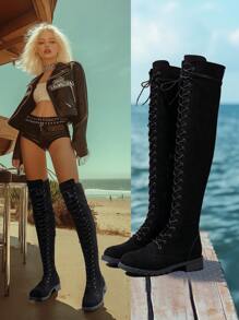 Botas altas negras de motocicleta para mujer, botas altas con tacón grueso plano, con cremallera lateral, punta redonda y cordones, pierna delgada, botas de montar elegantes y de moda para tallas grandes, nuevas llegadas para otoño/invierno 2025