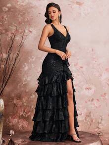 Elisanya Abito sexy a spacco con ricamo e paillettes, con cinturino regolabile sulla schiena - nero - Visualizzare 6