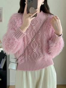 素色珍珠串珠毛茸茸套頭毛衣 - 粉色 - 查看 3