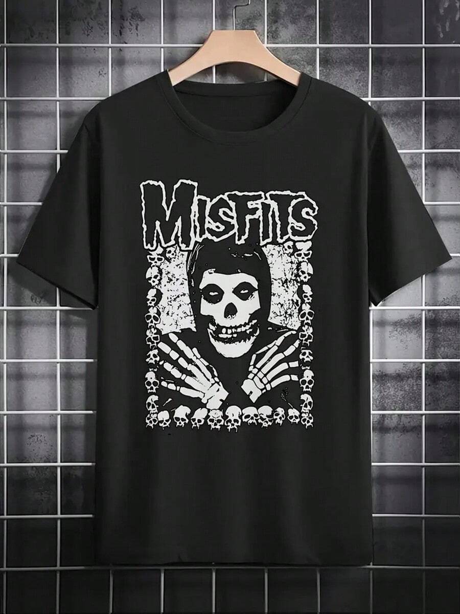 Men's Gothic Punk Rock T-Shirt - MISFITS Graphic Tee With Skull, Lightweight Summer Shirt For Concerts, Halloween, Casual Attire - Ideal Gift For Goth Subculture Fans, Concert Outfit, Edgy Style, Durable Print, Statement Top, Alternative Fashion,Halloween Clothes,Vintage,Teacher Shirts,Back To School Clothes,T Shirts For Men,Graphic Tee,Men Outfits,Streetwear Men,,Y2k Clothes,Men Summer Outfits - màu đen - Xem 1