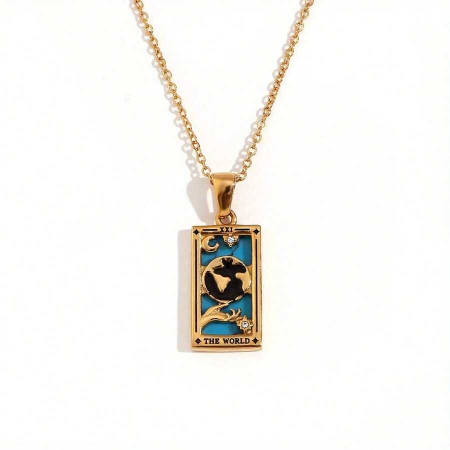 Retro Tarot Queen Lover Magician Moon Necklace Matte Drip Oil Free Stainless Steel Jewelry Gold Plated Decoration - 金的 - 查看 1