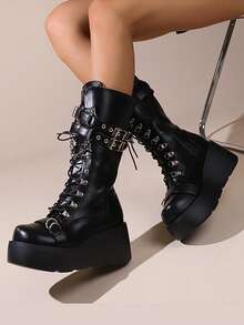 Goth Platform Boots For Women Back To School Punk Motorcycle Boots Mid Calf Round Toe Boots Back Zip Wedges Fall Boots - Black - View 2