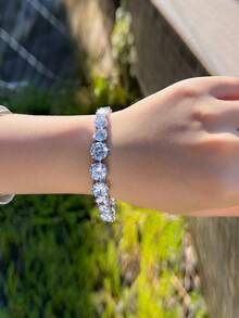 1pc Top Sparkling Round Cubic Zirconia Silver Plated Tennis Chain Bracelet For Women, Wedding, Engagement, Bridal Party Jewelry Gift - White - View 3